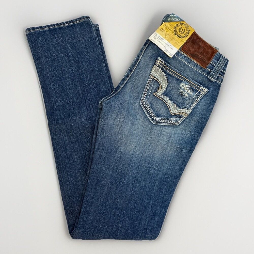 Y2K Big Star Sweet Embroidered Skinny Ultra Low Rise Jeans Size 27R Blue Faded